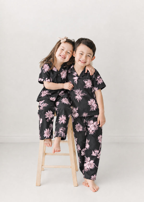 Floral Sketch Shirt & Trousers Set — Black