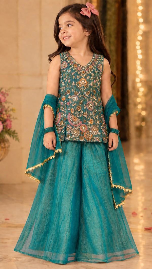 Zari Bloom Embroidered Sharara Set — Teal