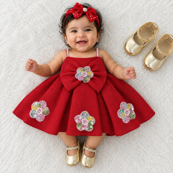 Blossom Bow Scuba Party Dress — Red