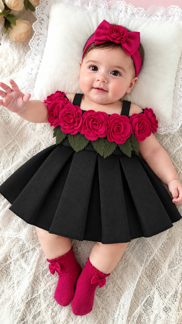 Rose Garden Scuba Party Dress — Black
