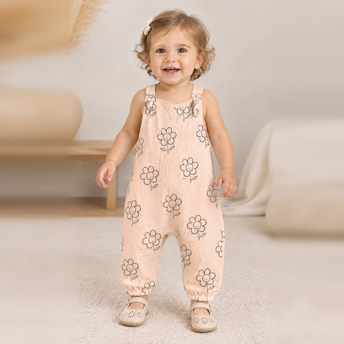 Toddler in the Happy Daisy dungarees