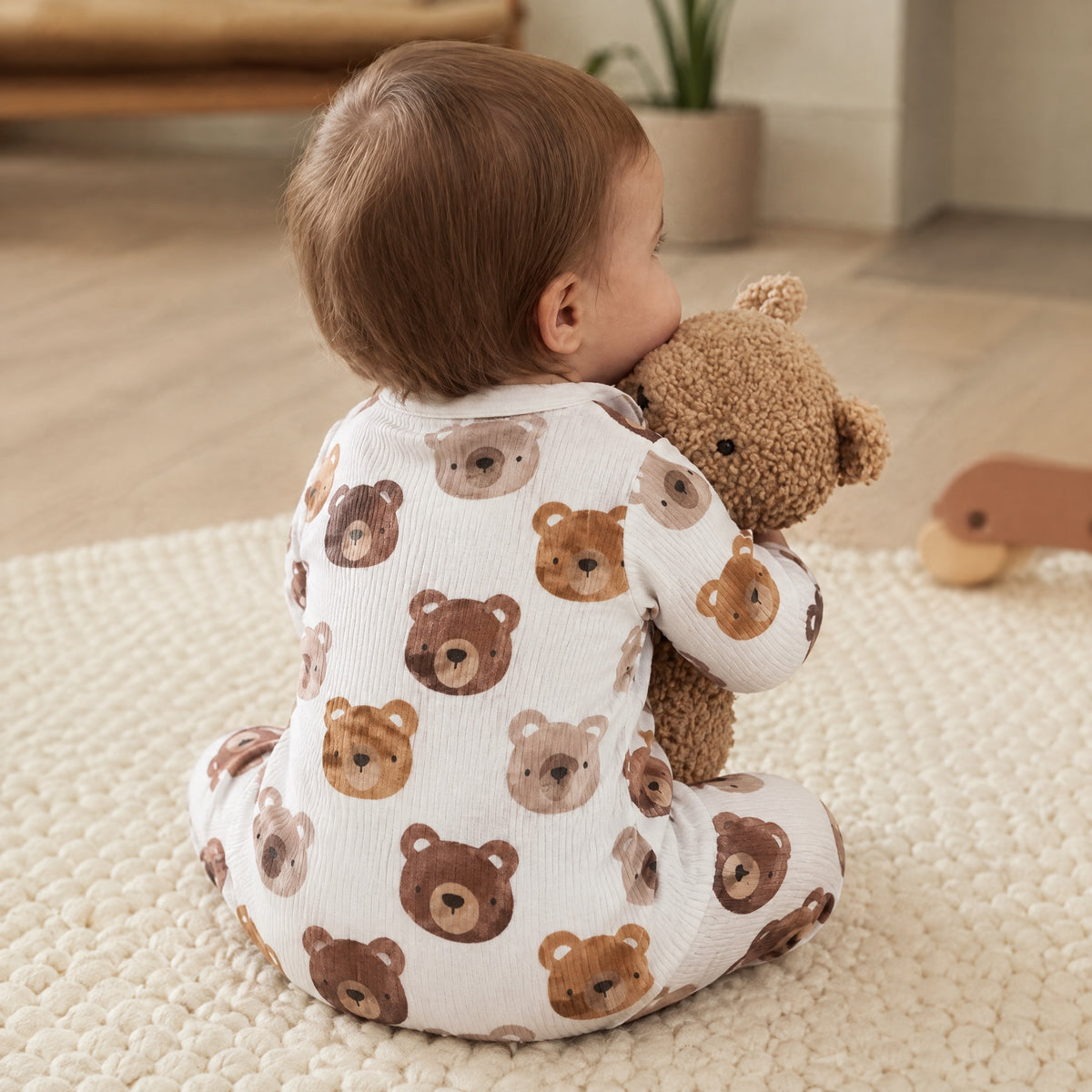 Baby sitting on a rug in the cream watercolour bear sleepsuit, back view