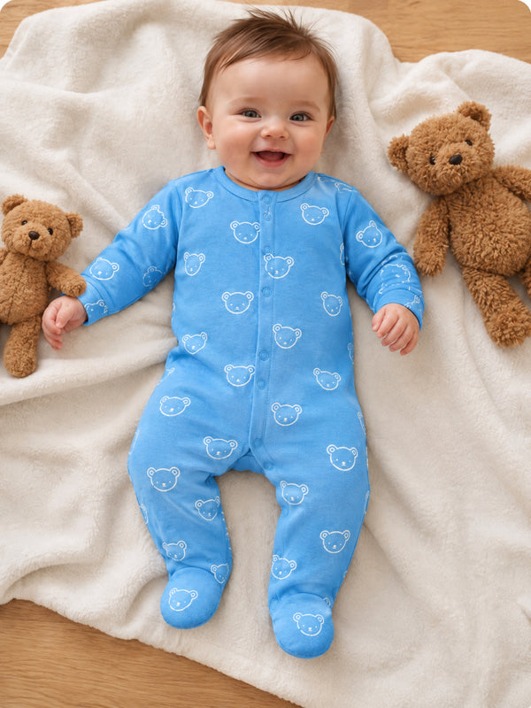 Bear Face Footed Sleepsuit — Cornflower Blue