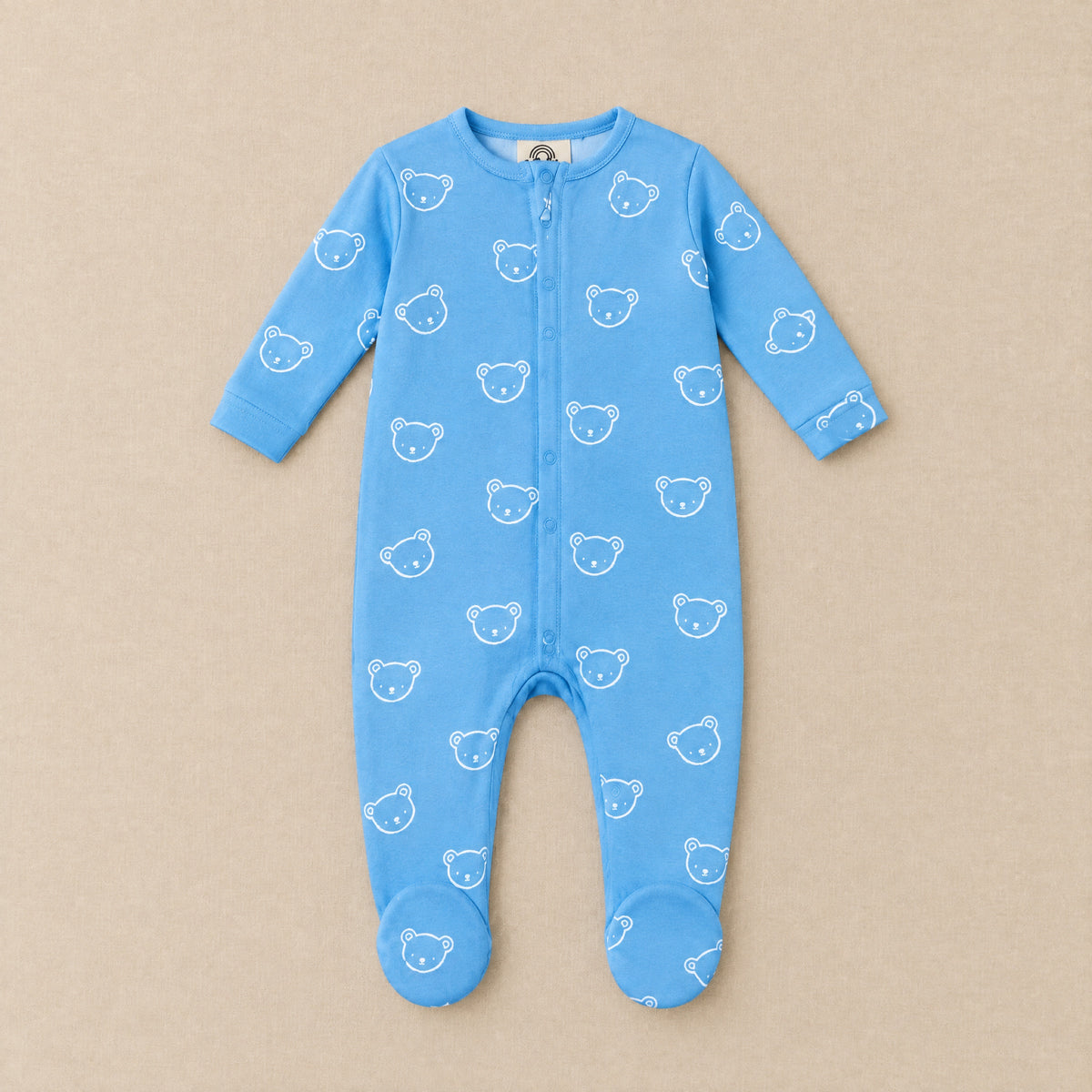 Cornflower blue bear face footed sleepsuit, front, laid flat