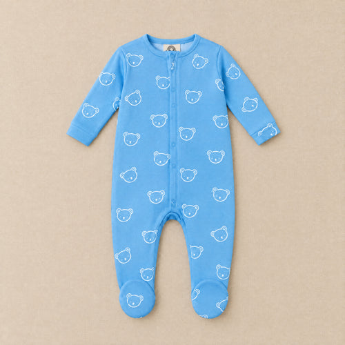 Cornflower blue bear face footed sleepsuit, front, laid flat