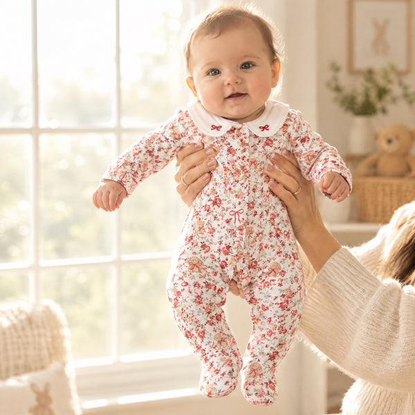 Teddy Bow Floral Footed Sleepsuit — Ivory