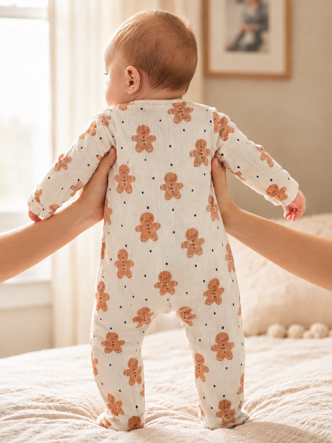 Baby standing on a bed in the cream gingerbread sleepsuit, back view