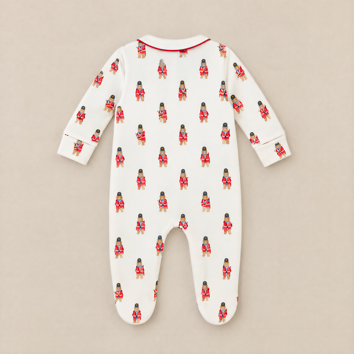 Ivory guard bear footed sleepsuit, back, laid flat