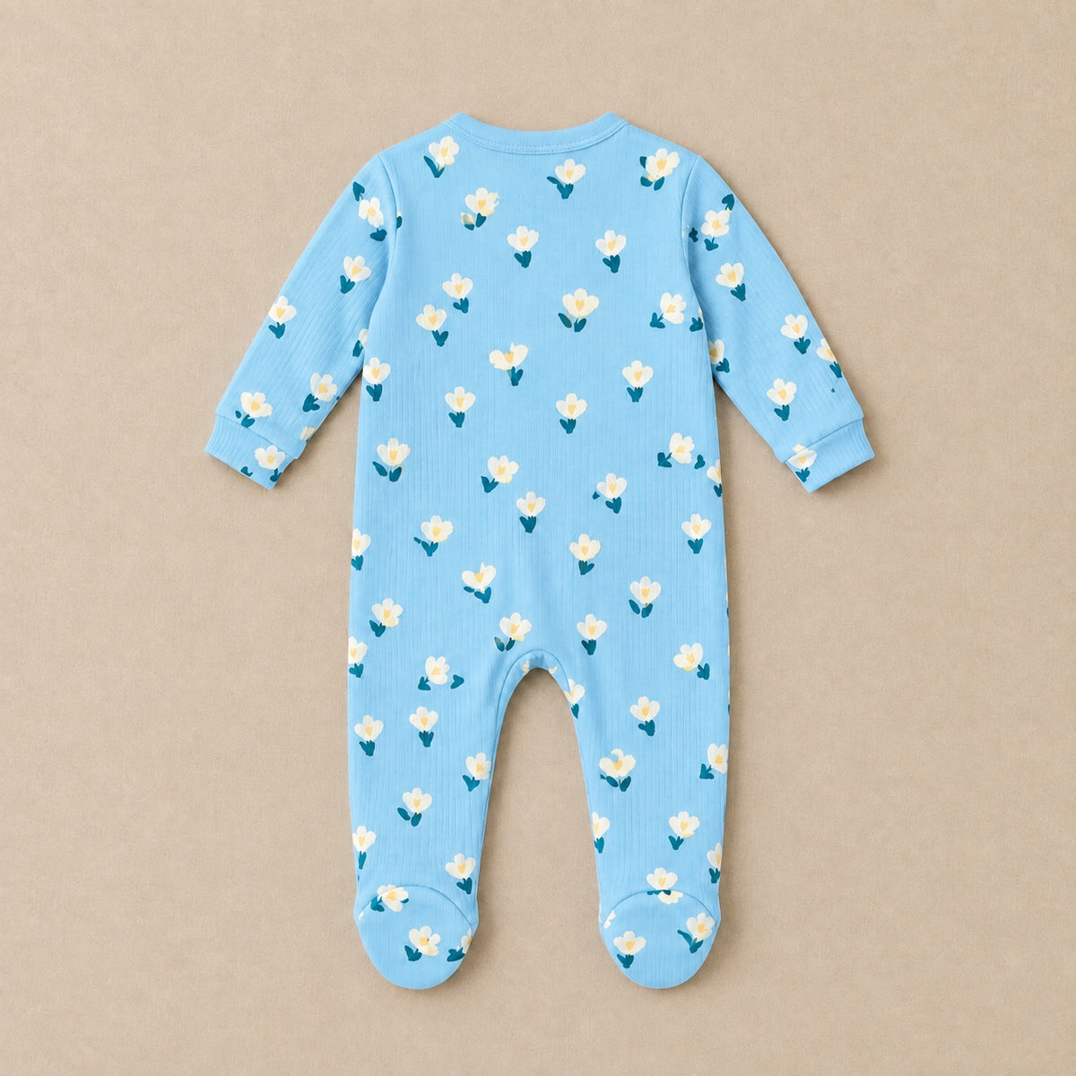 Powder blue floral footed sleepsuit, back, laid flat
