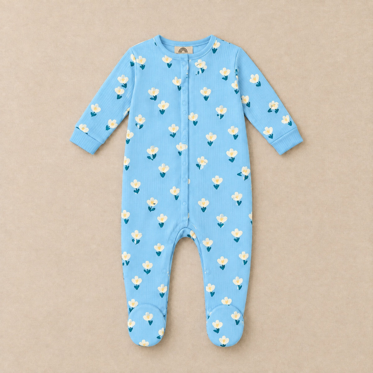 Powder blue floral footed sleepsuit, front, laid flat