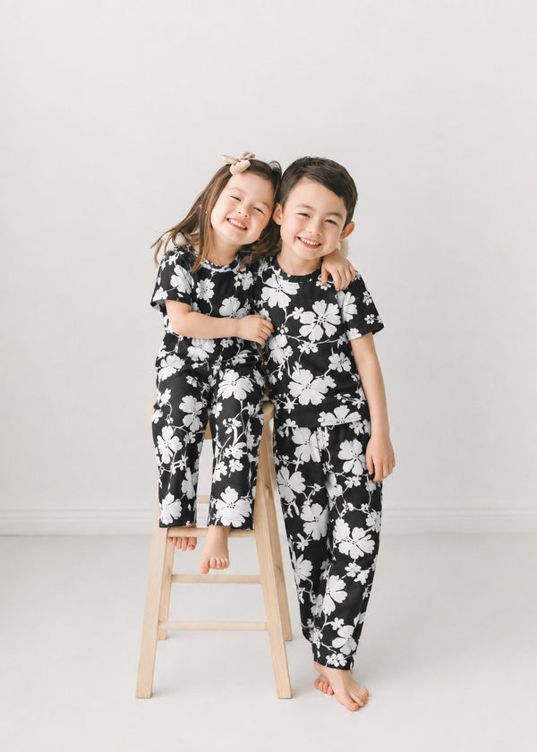 Floral Silhouette T-Shirt & Trousers Set — Black and White