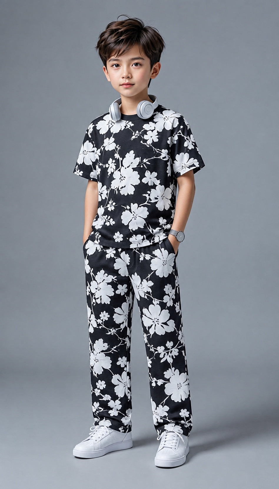 Child wearing the black and white floral T-shirt and trousers set