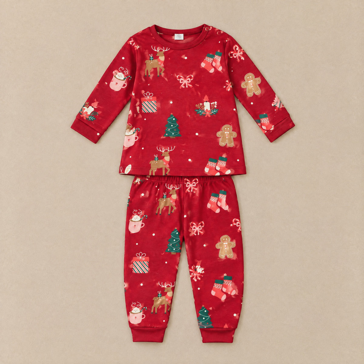 Red Christmas print T-shirt and joggers set, back flat lay