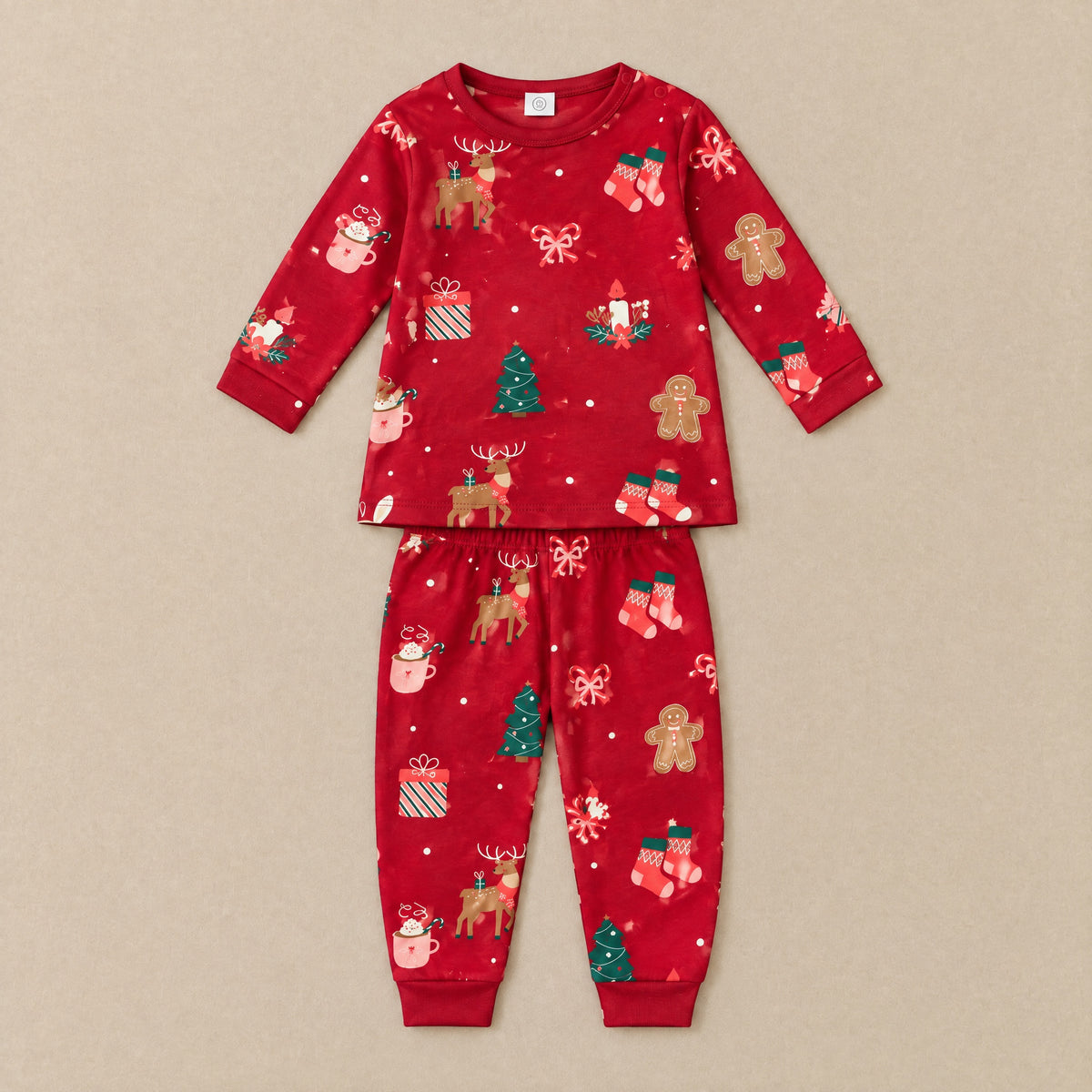 Red Christmas print T-shirt and joggers set, front flat lay