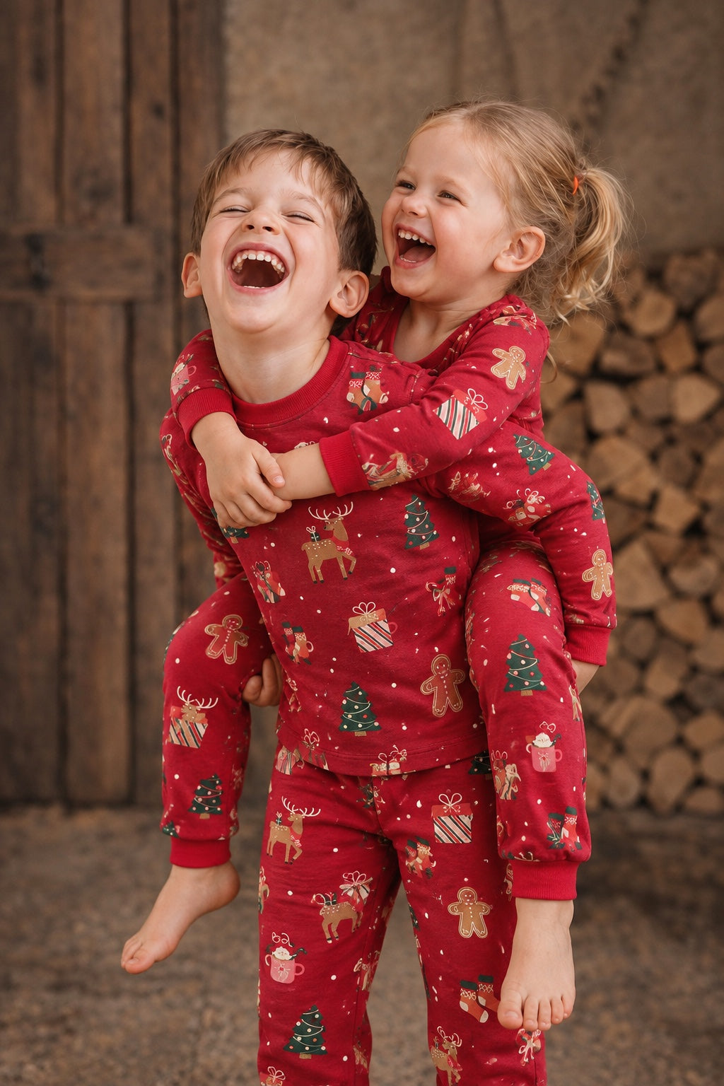 Two children laughing in the red Christmas print T-shirt and joggers set