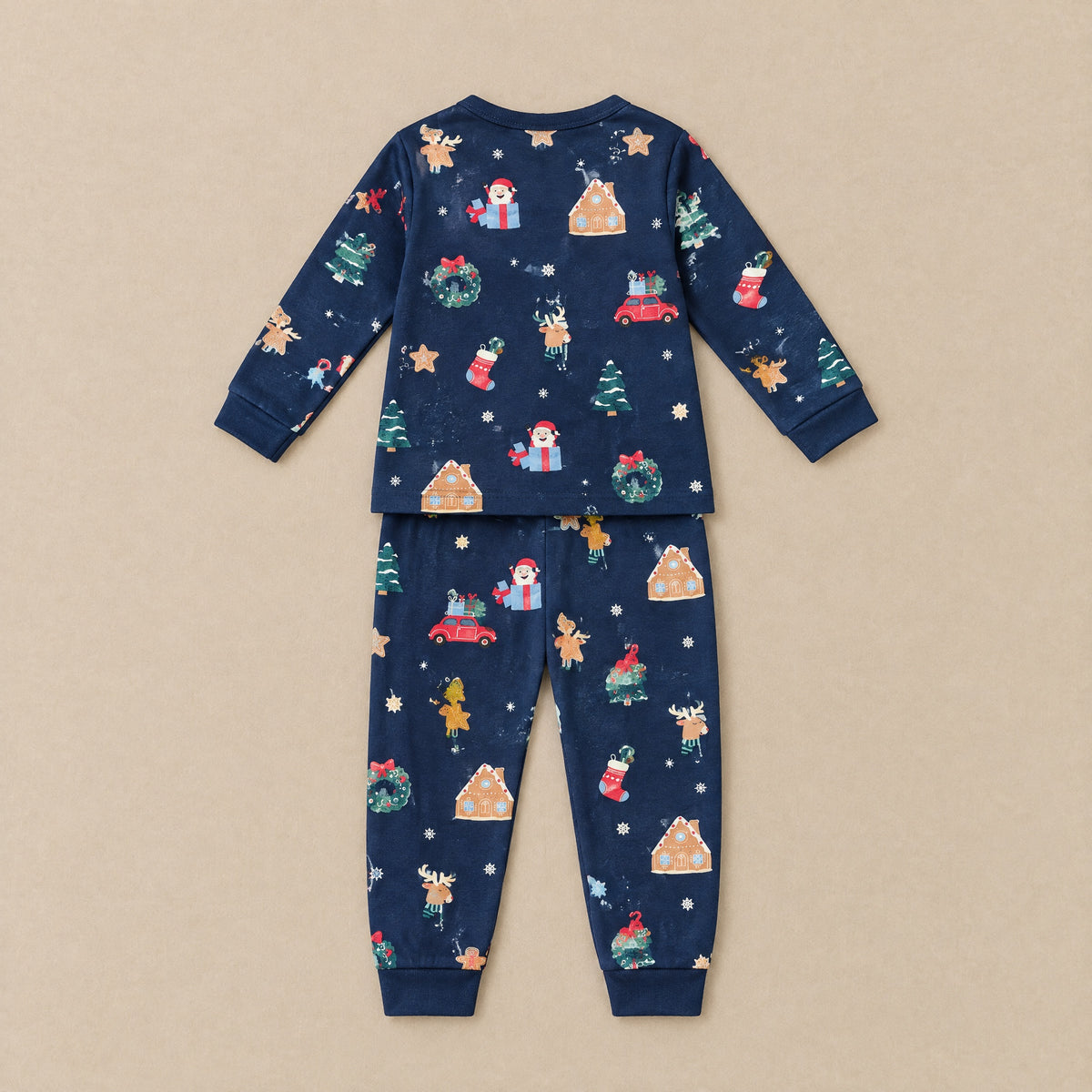 Navy Christmas print T-shirt and joggers set, back flat lay