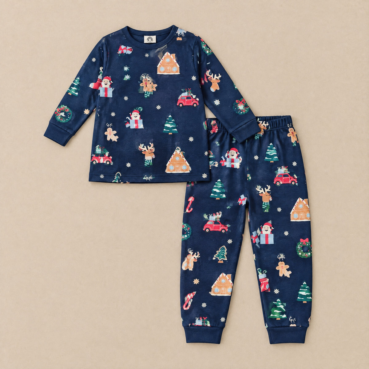Navy Christmas print T-shirt and joggers set, front flat lay