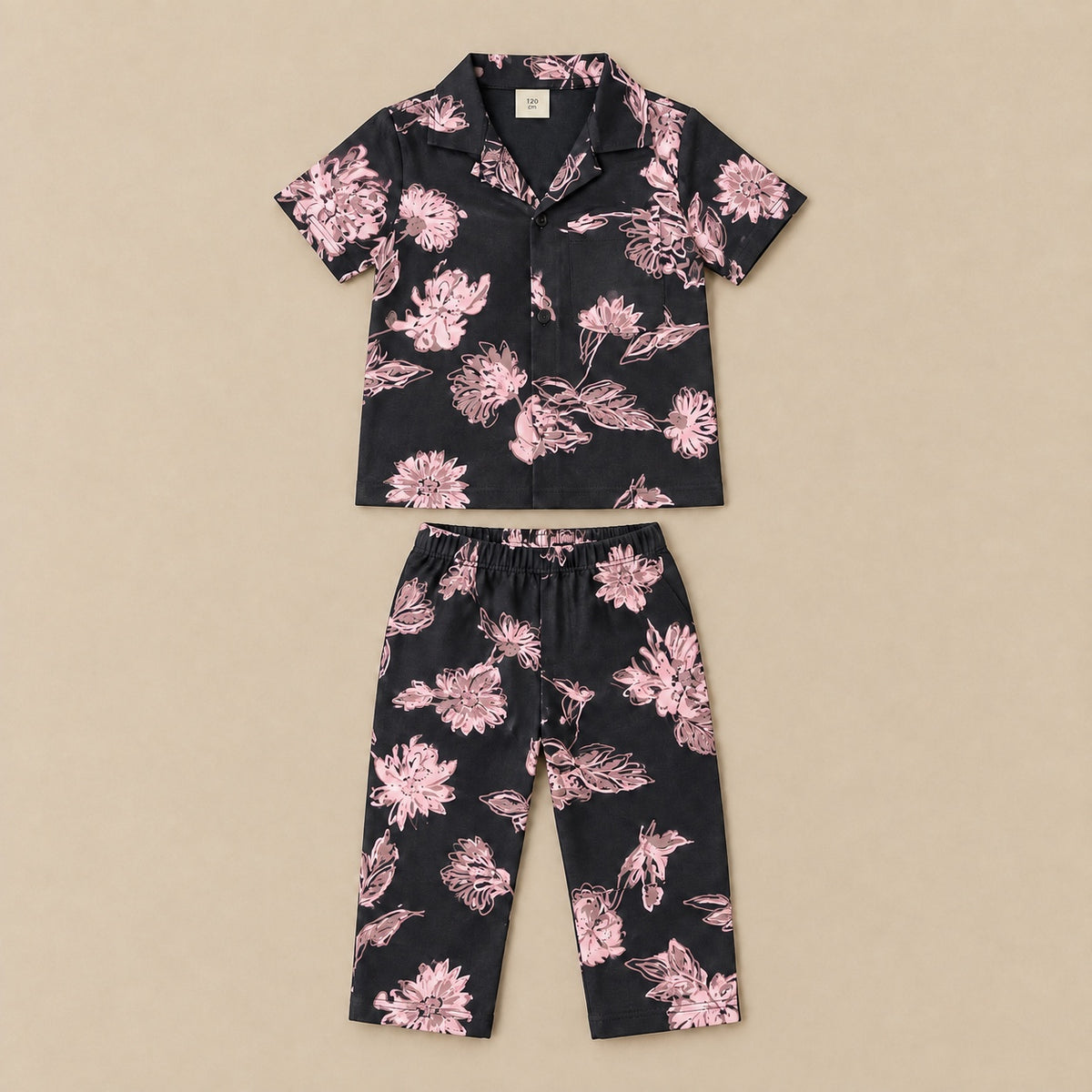 Black and light pink floral shirt and trousers set, front flat lay