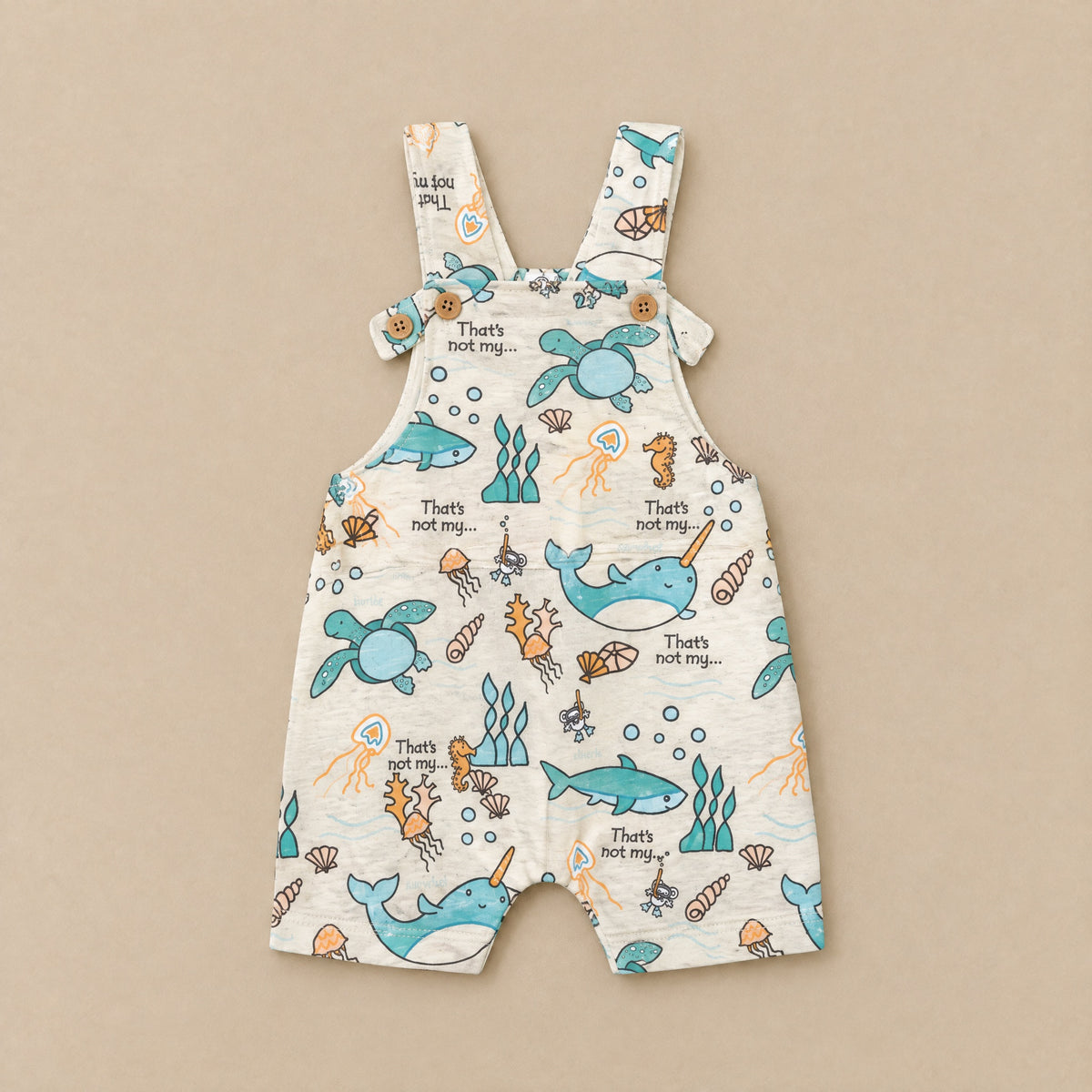 Under the Sea dungarees laid flat, front