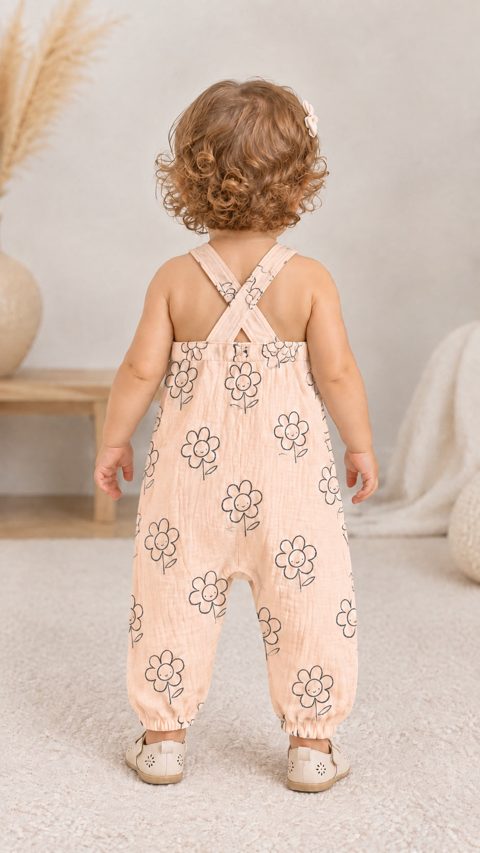 Toddler in the Happy Daisy dungarees, back