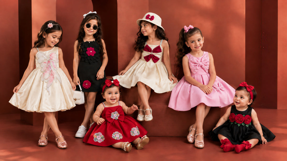Six children in Sahasra Vastra party frocks: ivory butterfly, black petal, ivory bow with hat, pink pearl bow, red blossom and black rose