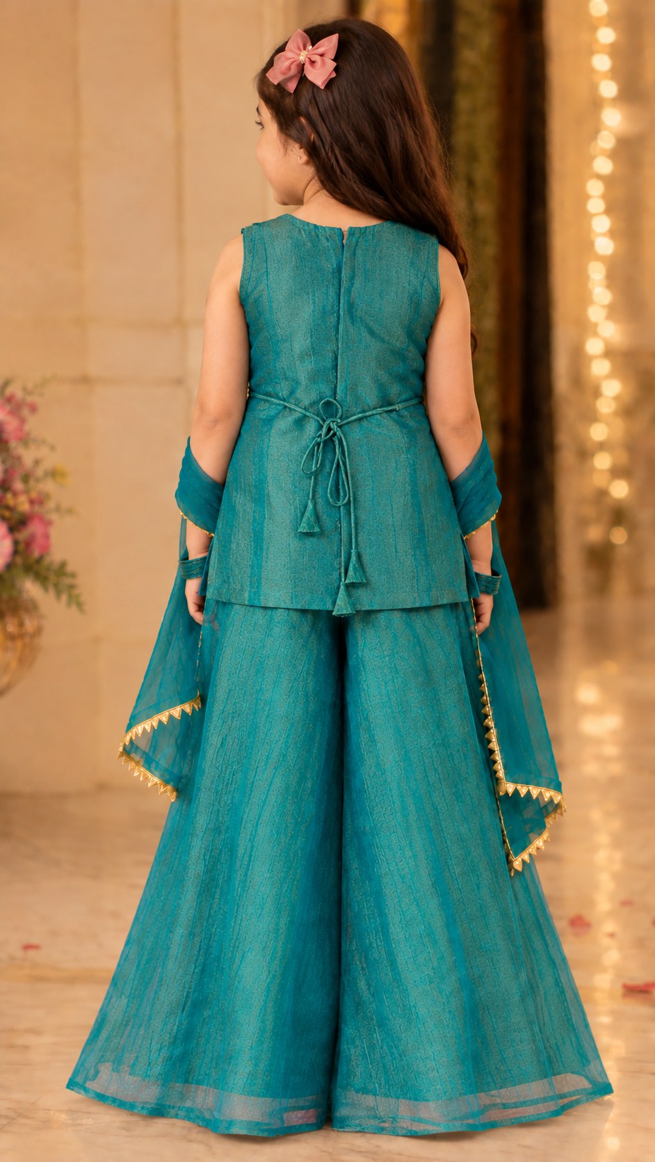 Back view of the sharara set with tasselled tie-up cord