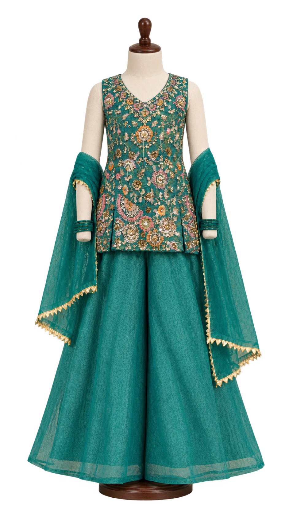 Teal sharara set on a mannequin, front