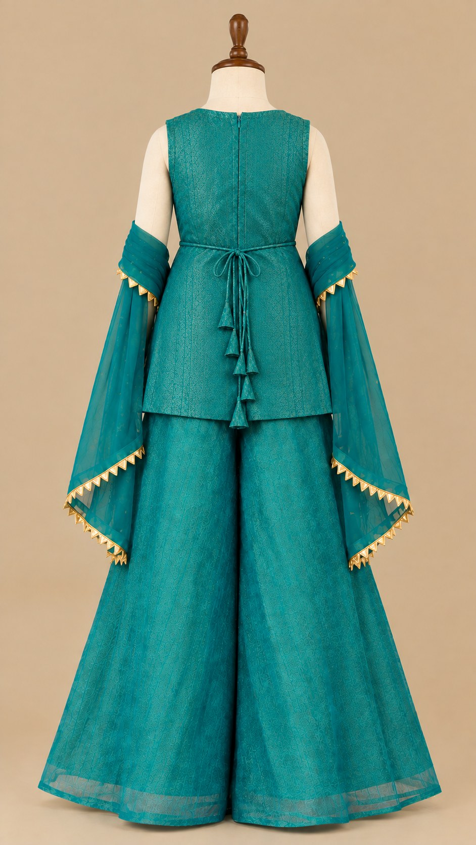 Teal sharara set on a mannequin, back