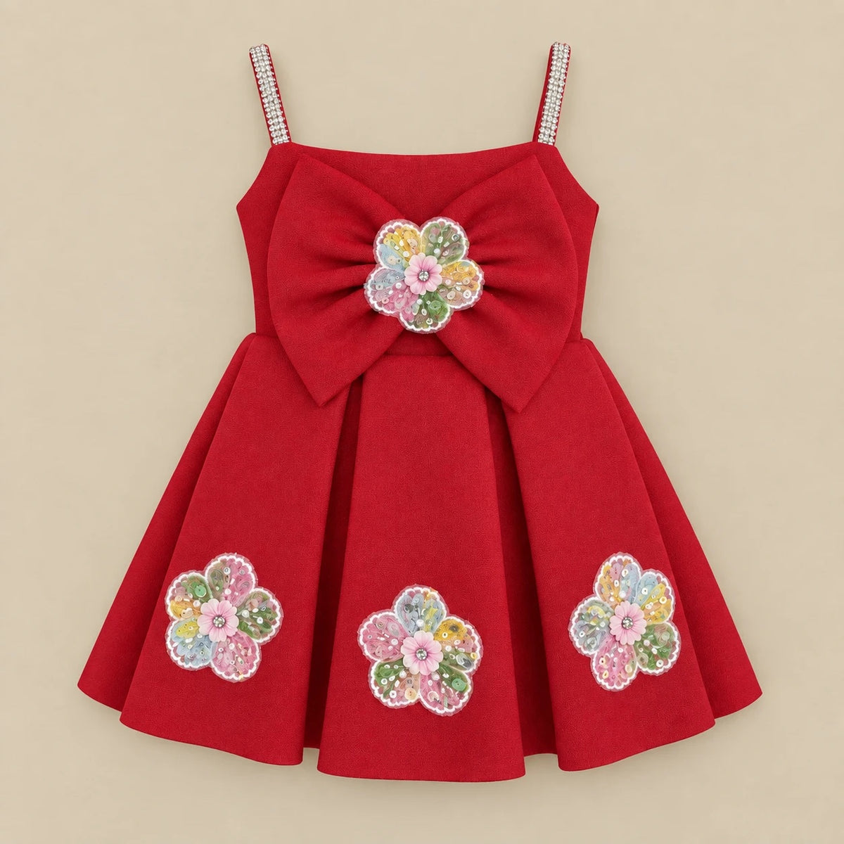 Red scuba party dress with front bow and sequin flowers, front view
