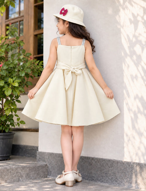 Back view showing stone-trimmed straps, zip and tie-bow sash
