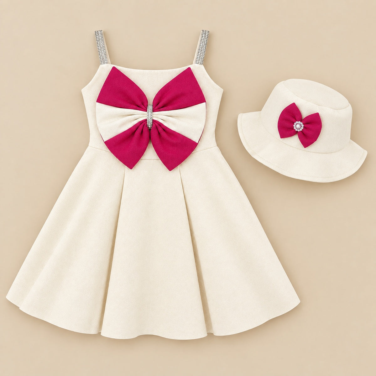 Ivory butterfly bow dress laid flat beside its matching bucket hat