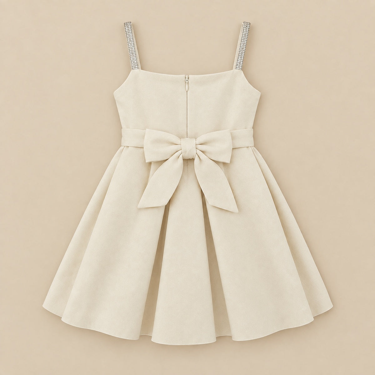 Back of the ivory dress laid flat, with zip and bow sash