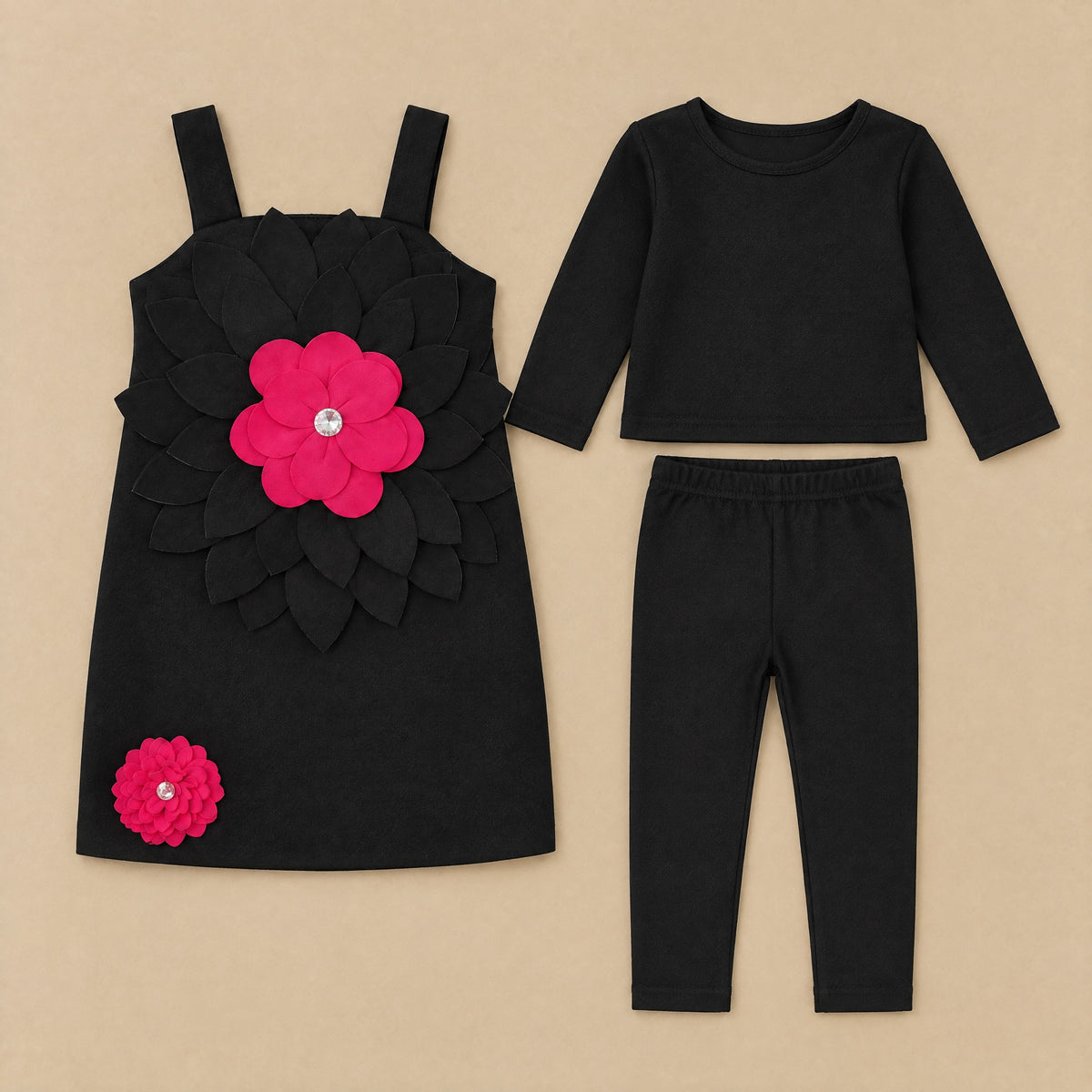 Three-piece set laid flat: petal pinafore, long-sleeve top and leggings