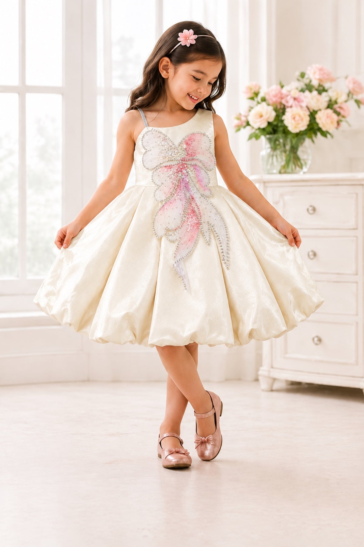 Girl twirling in the ivory satin party dress with a beaded pink butterfly