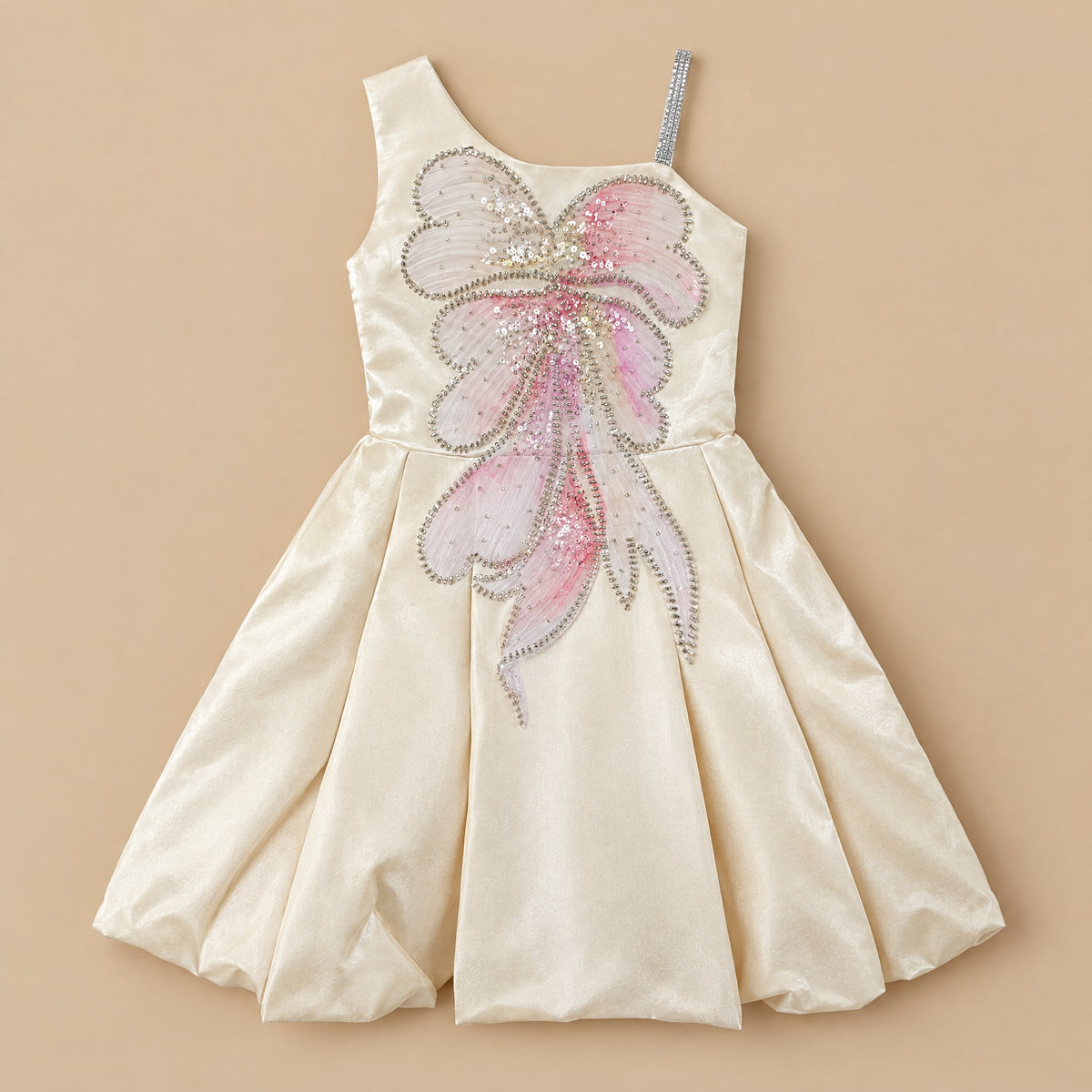 Ivory satin dress laid flat, front