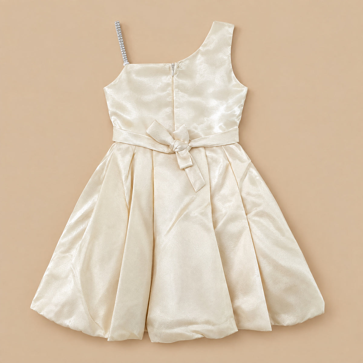 Ivory satin dress laid flat, back with zip and sash