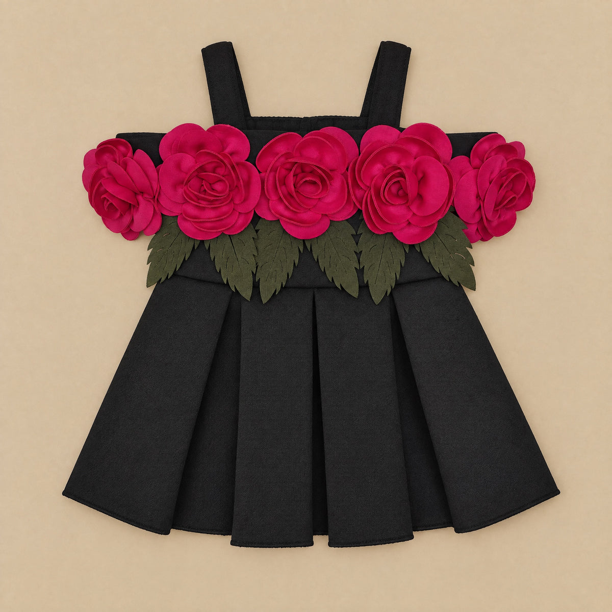 Black rose dress laid flat, front, with roses and green leaves across the chest