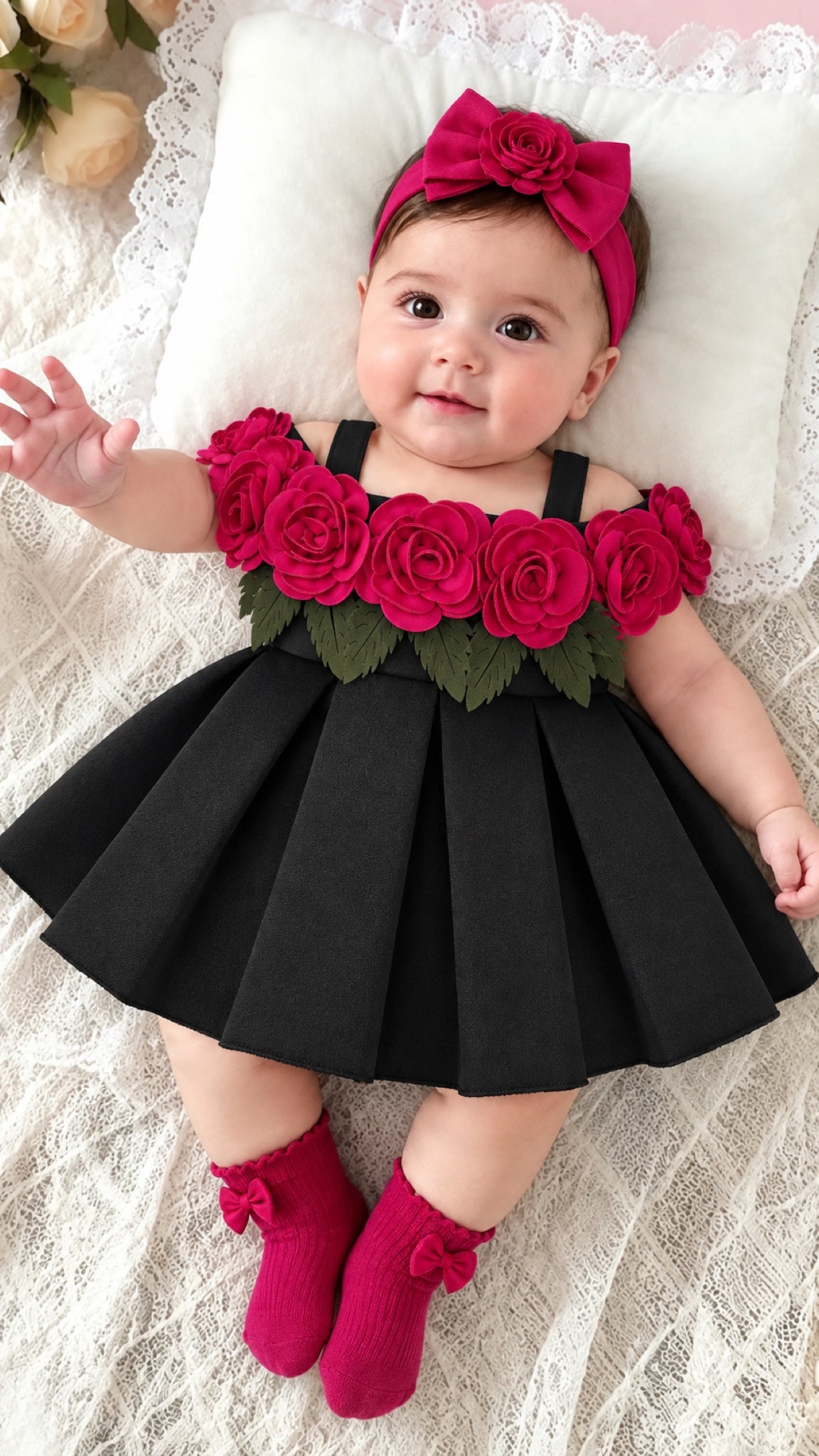 Baby wearing the black off-shoulder scuba party dress with fuchsia roses over both shoulders