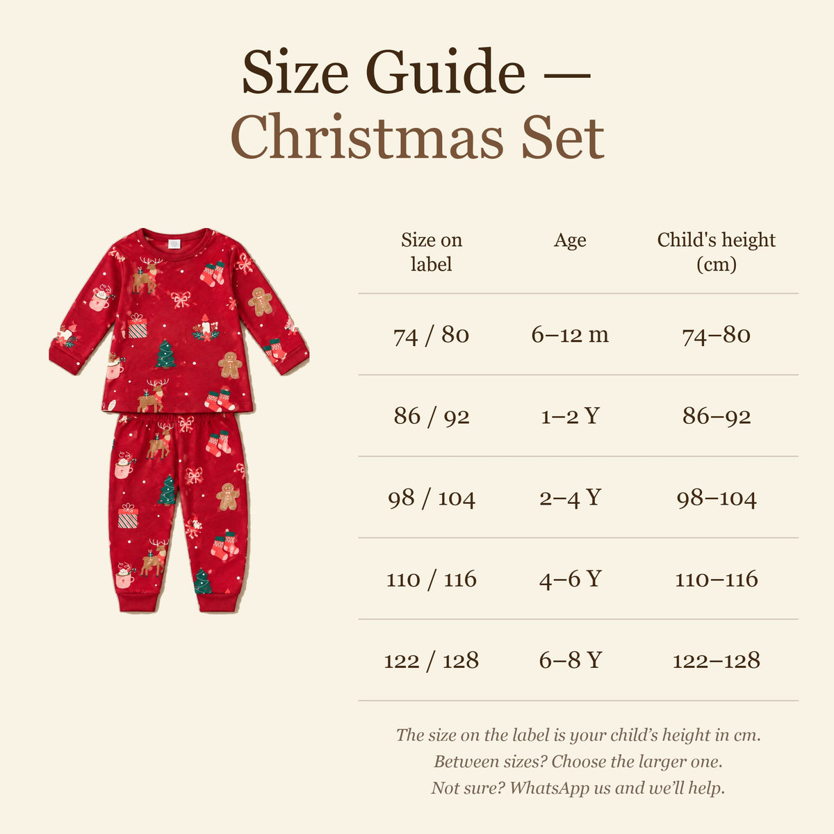 Size guide, Christmas set. Size on label is the child's height in cm. 74/80: 6-12 months, 74-80 cm. 86/92: 1-2 years, 86-92 cm. 98/104: 2-4 years, 98-104 cm. 110/116: 4-6 years, 110-116 cm. 122/128: 6-8 years, 122-128 cm.