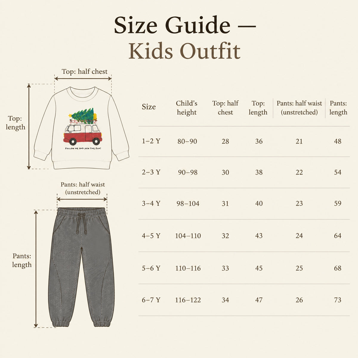 Size guide for the van sweatshirt and joggers set, measurements in centimetres