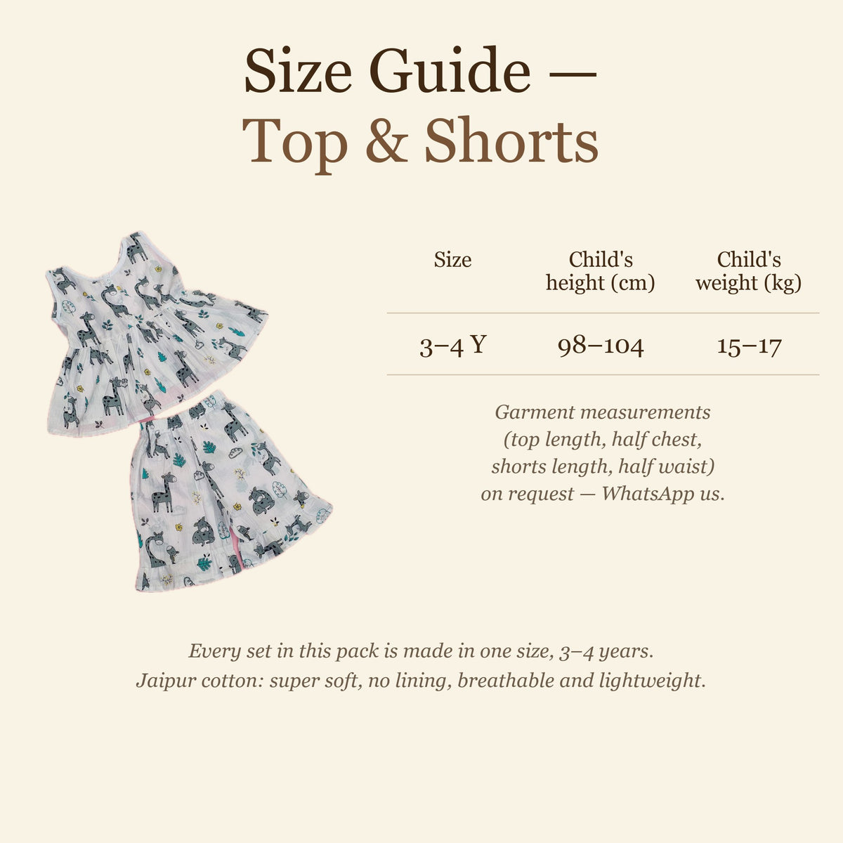 Size chart — top and shorts