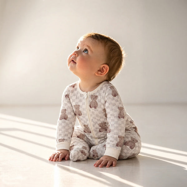 Bear Checkerboard Footed Sleepsuit — Cream