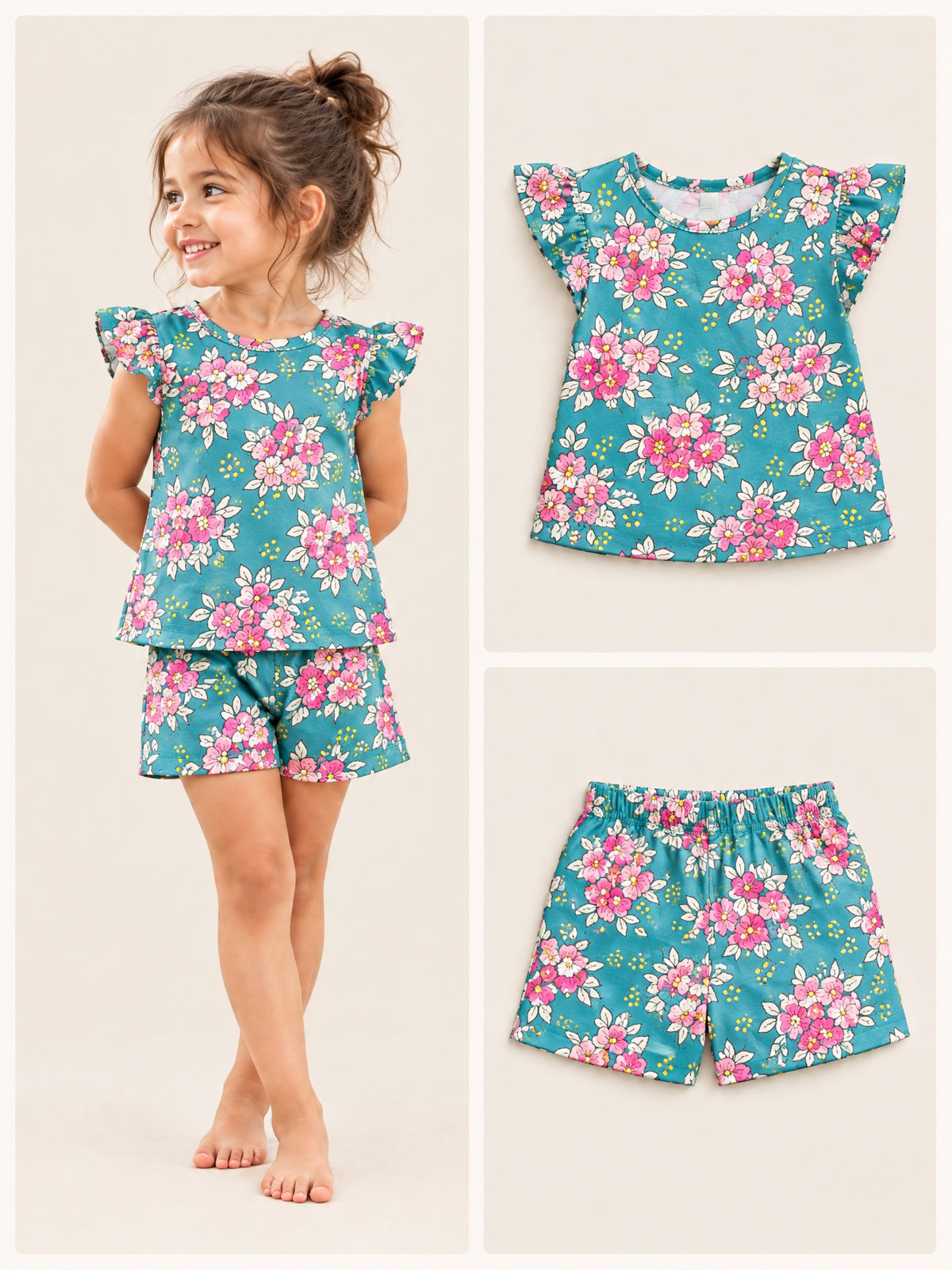 Teal Blossom flutter sleeve top and shorts set