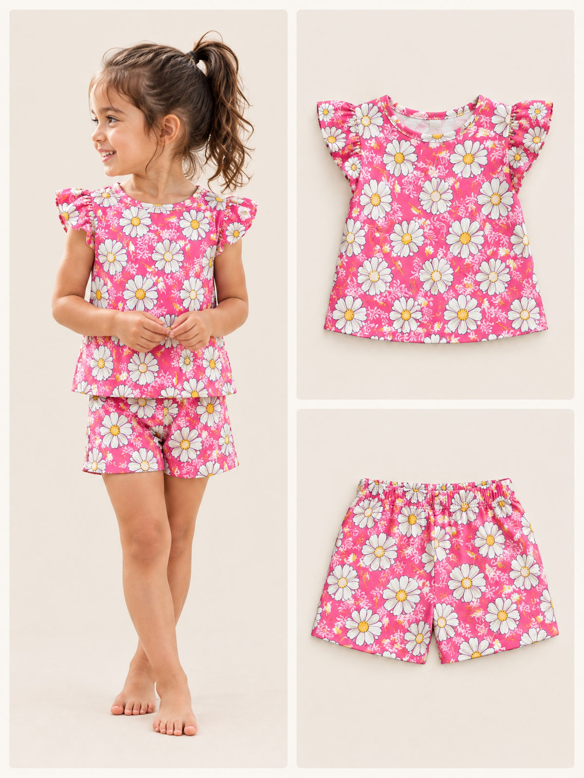 Pink Daisy flutter sleeve top and shorts set