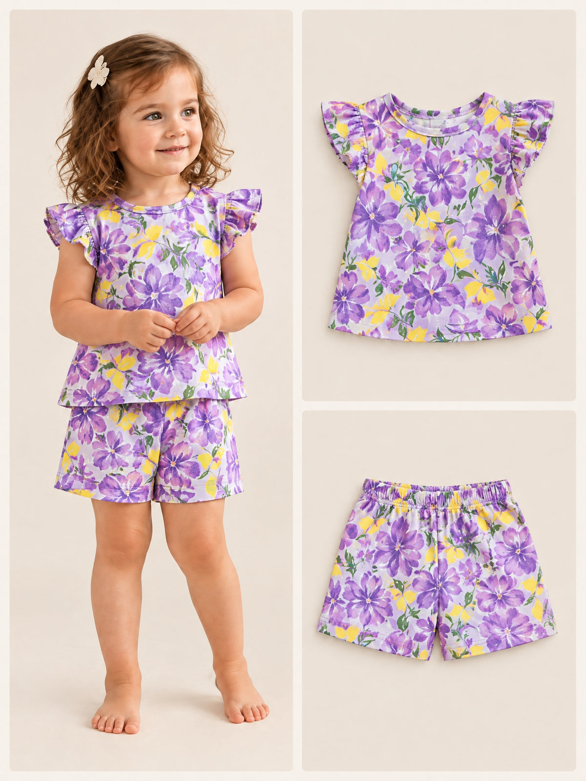 Lilac Watercolour flutter sleeve top and shorts set
