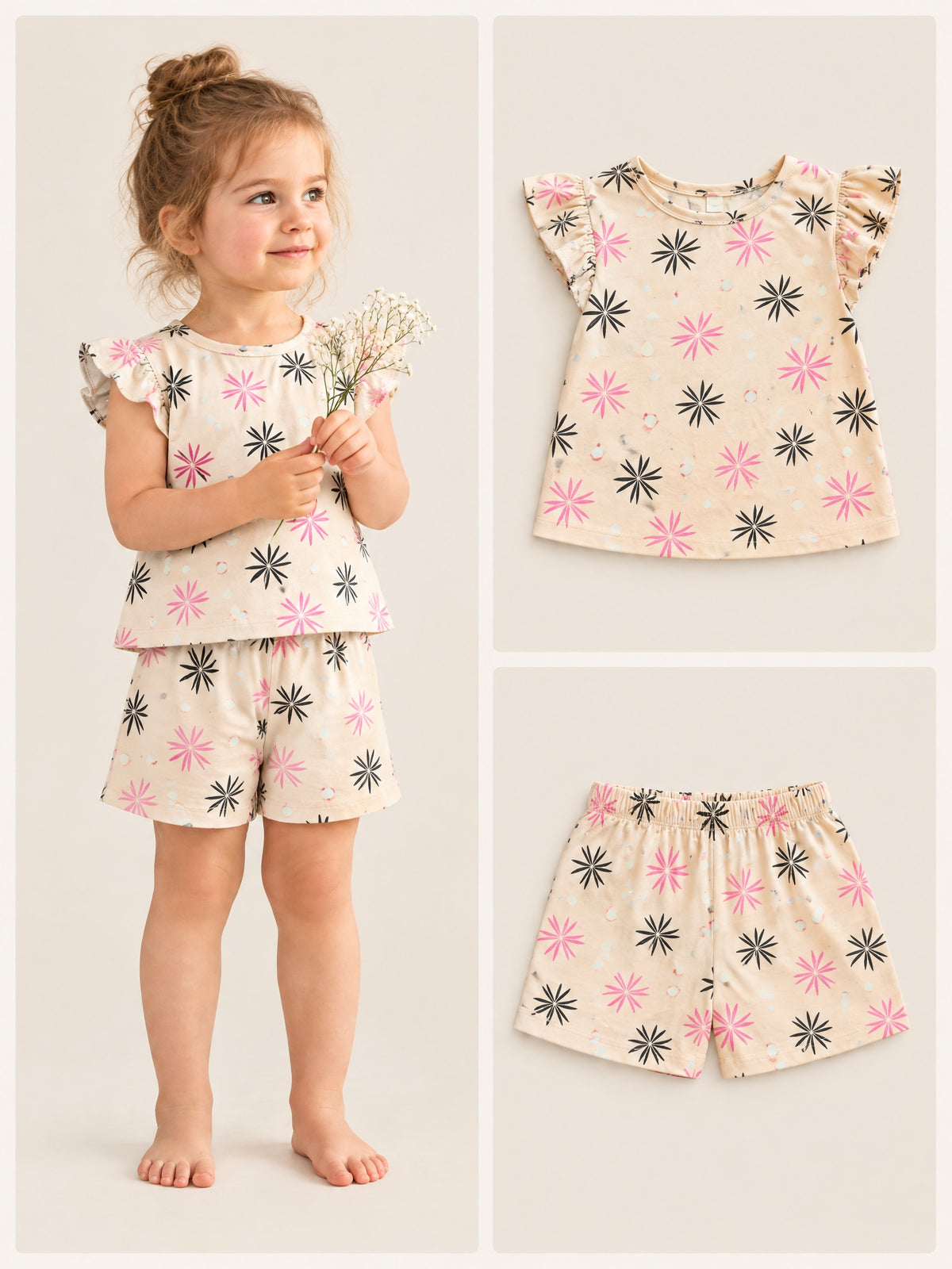 Cream Starburst flutter sleeve top and shorts set