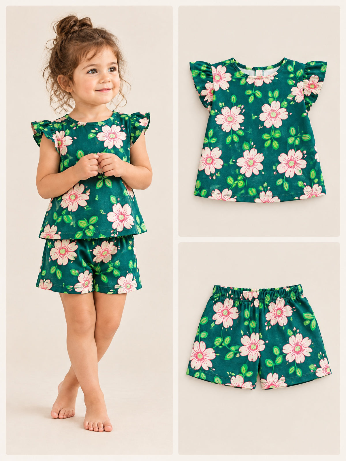 Emerald Bloom flutter sleeve top and shorts set