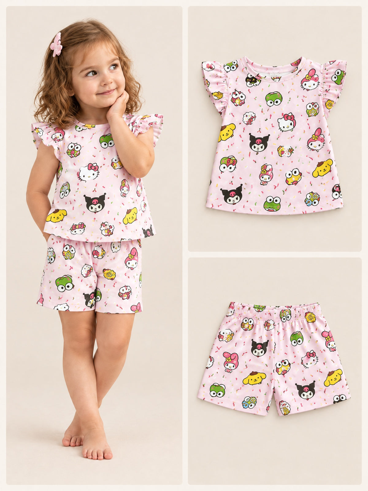 Pink Cartoon Friends flutter sleeve top and shorts set