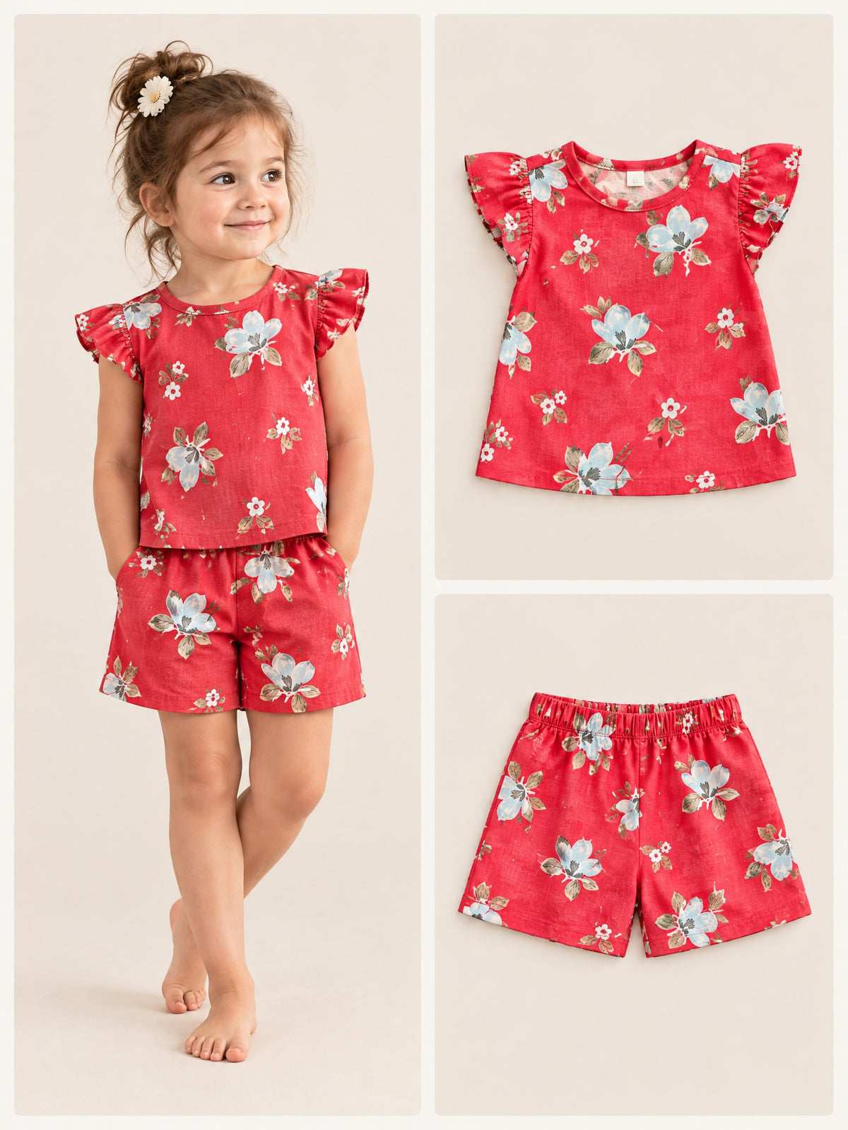 Red Magnolia flutter sleeve top and shorts set