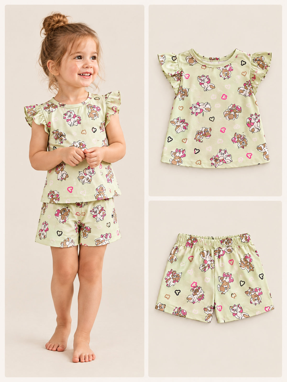 Sage Kitten and Pup flutter sleeve top and shorts set